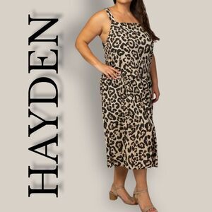 HAYDEN LOS ANGELES Leopard Print Sleeveless Midi Apron Dress L